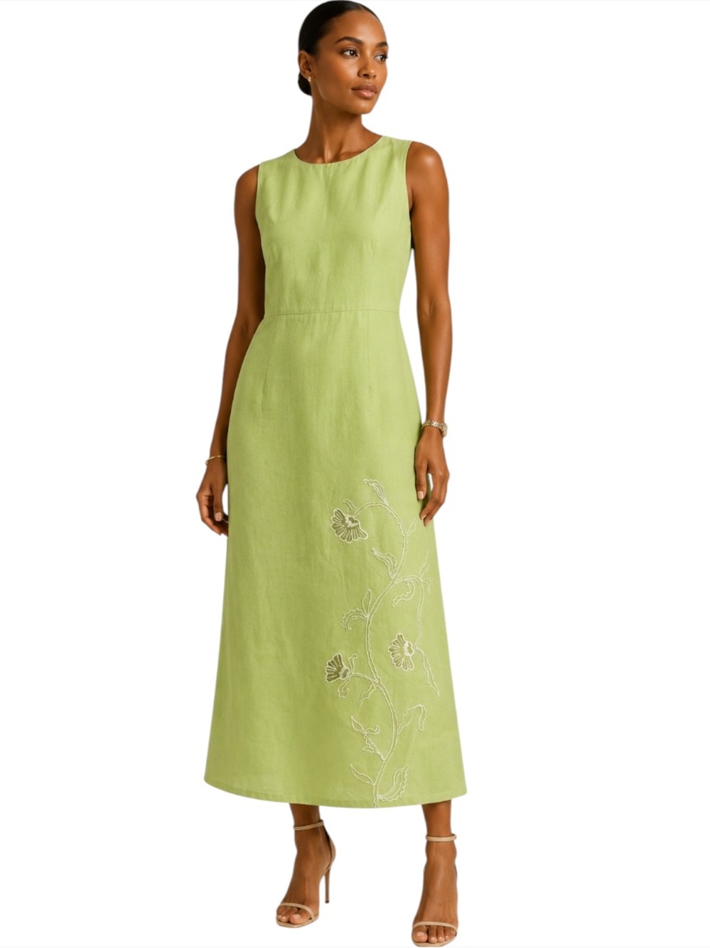 Ann Gerlin Linen Floral Embroidered Maxi Dress Size 14 Lime Green Coastal Office